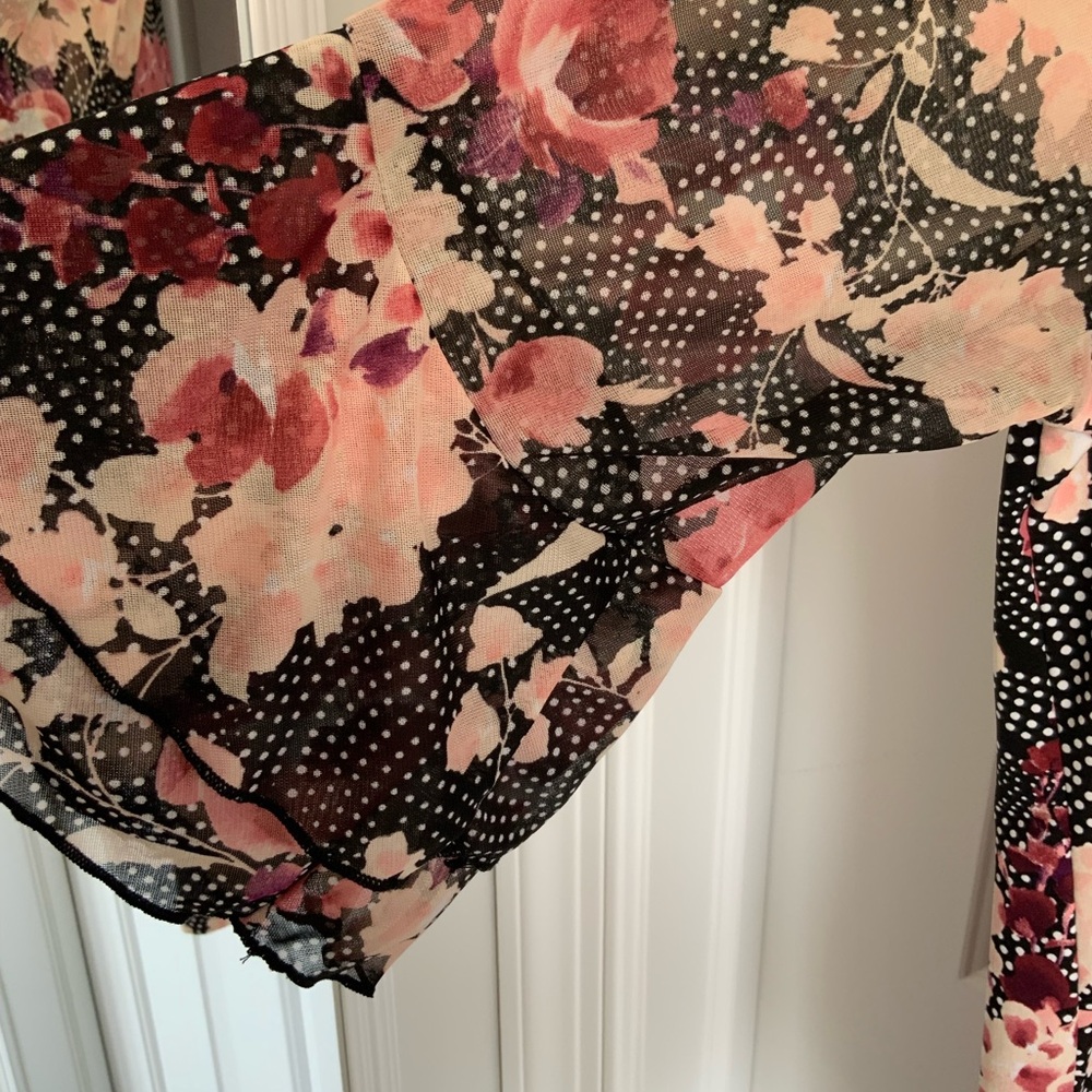 Diana Belle Woman Floral Blouse with Sheer Ruffle Sleeves